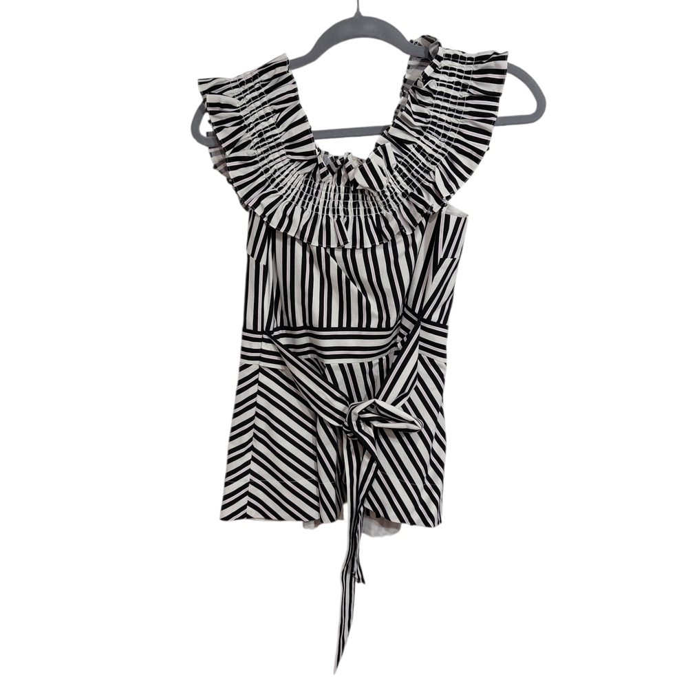 kate spade Black & White Striped Ruffle One-Shoulder Tank with Waist Tie